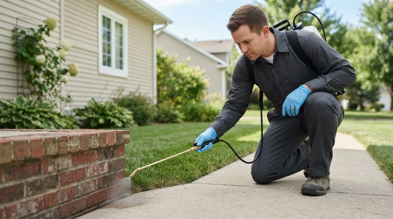 Pest control technician treating a home near Marilla, NY