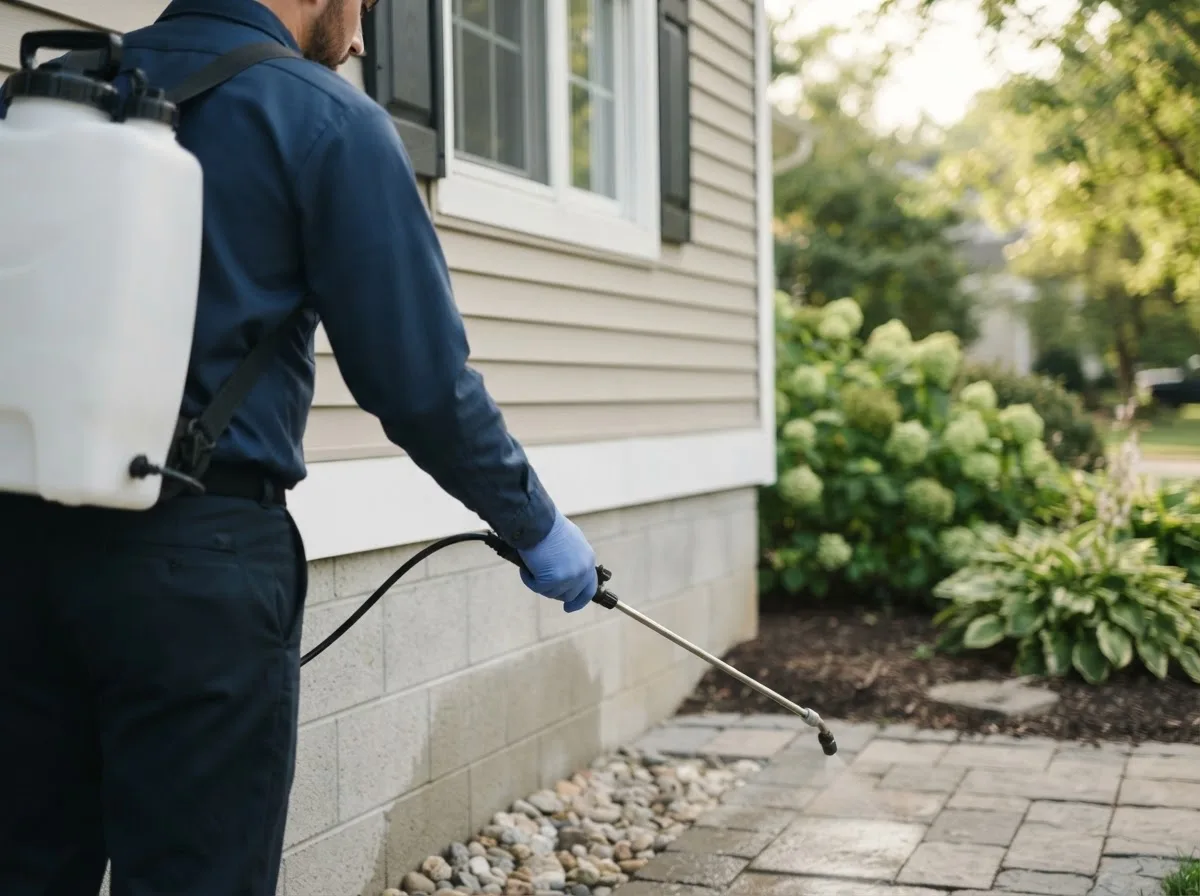Pest control technician inspecting a home in Marilla, NY